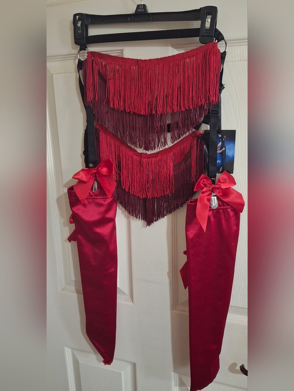 Women's Red Fringe Satin Lingerie Set with Bow Accents